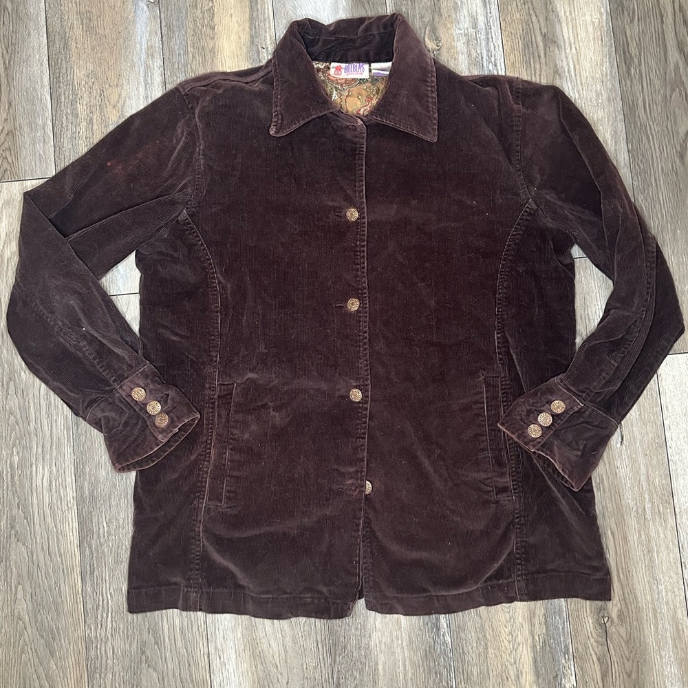 Billblass Jeans Ladies Brown Paisley Corduroy Jacket Size Small Bronze Buttons